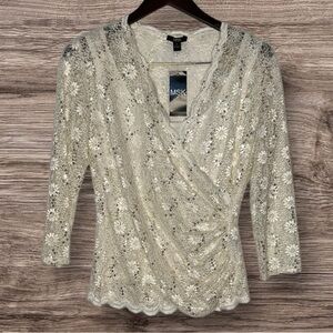 Glimmer in Lace: MSK Ruched Lace Top with Gold Sequins